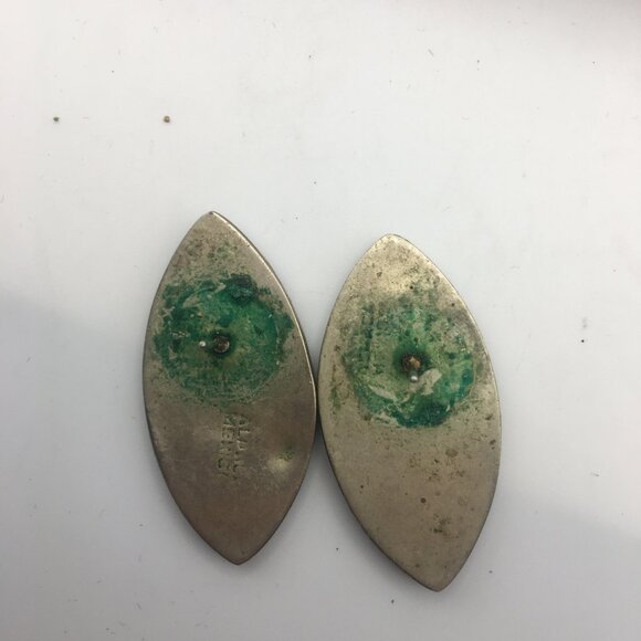 Vintage Alpaca Silver Genuine Purple Abalone Leaf Shape Stud Earrings Mexico 1" - Picture 9 of 12